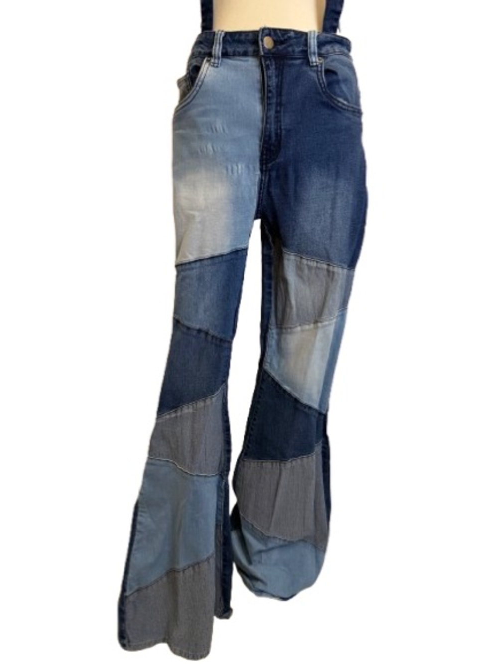American Bazi Patchwork Flare Jeans Suspenders Raw Hem Y2K Boho Size Medium